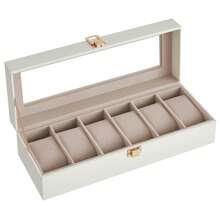 Caja de Relojes con 6 Compartimentos, Estuche de Relojes con Tapa de Cristal, Cojín Extraíble, Cierre Metálico, Regalo,Cuero Sintético Blanco Nube y Forro Beige Capuchino, Regalo de Navidad - Blanco - Ver 6