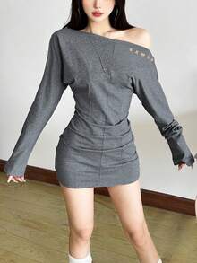 Top Dazzle Asymmetric Neckline Cold-Shoulder Long Sleeve Waist Cinched Dress - Grey - View 8