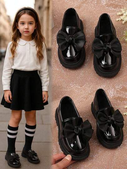 1 Pair Black Glossy Soft PU Bow Slip-On Children Loafers & Oxford Shoes, Solid Color Rubber Soft Sole Elevated Fashion Mid-Heel Shoes, Elegant British Style Princess Leather Shoes Suitable For 3-15 Years Old Girls Daily Casual, School, Holiday, Travel, Party, New Arrival Spring/Summer/Autumn/Winter 2025