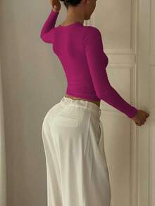 Basic And Minimalist Long-Sleeved Top With A Round Neck, Double-Layered, Seamless And Fitted, For Casual Spring Wear - Fuchsia Pink - View 4
