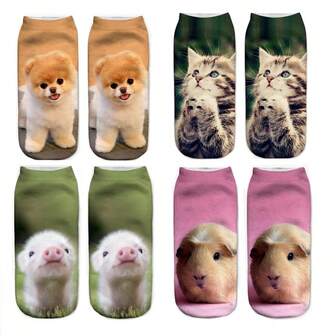 4 双趣味动物印花袜子，带有猫、狗、猪、老鼠图案，3D 数码印花休闲袜，舒适的男女通用新奇礼物，可爱的设计适合所有季节