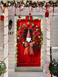 1 Stück Weihnachts-Zwerg im Rot-Thema mit Poinsettia-Kranz & Schleifenmuster 2D Türbanner, festlicher Polyester rechteckiger Türbehang mit leuchtend roten & goldenen Ornamenten, Lichterketten & floralen Details, waschbar für Innen- und Außenbereich, ohne Strombedarf, perfekt als Weihnachts-Türdekoration, Akzent für Feierlichkeiten, geeignet für Weihnachtsfeiern, Winterfeste, Heim- & Veranda-Dekoration - Verschiedenfarbig - Übersicht 9