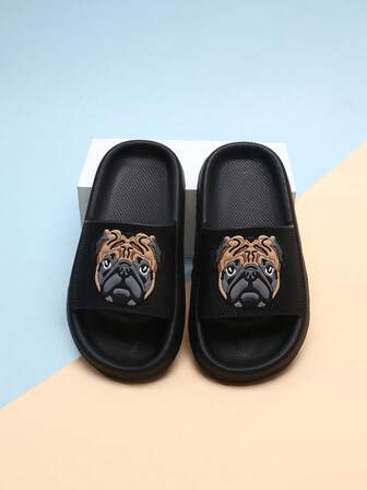 1 Pair Teenagers' Foamed Slippers, Fashionable & Cool Pug Sticker Design, EVA Lightweight Non-Slip Odor-Resistant Indoor/Outdoor Flip Flops