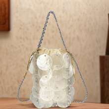 Women Fashion Shell Woven Handbag Chic Shell Beach Bag Beaded Chain Bag For Summer Travel Beach Party - Beige - View 1