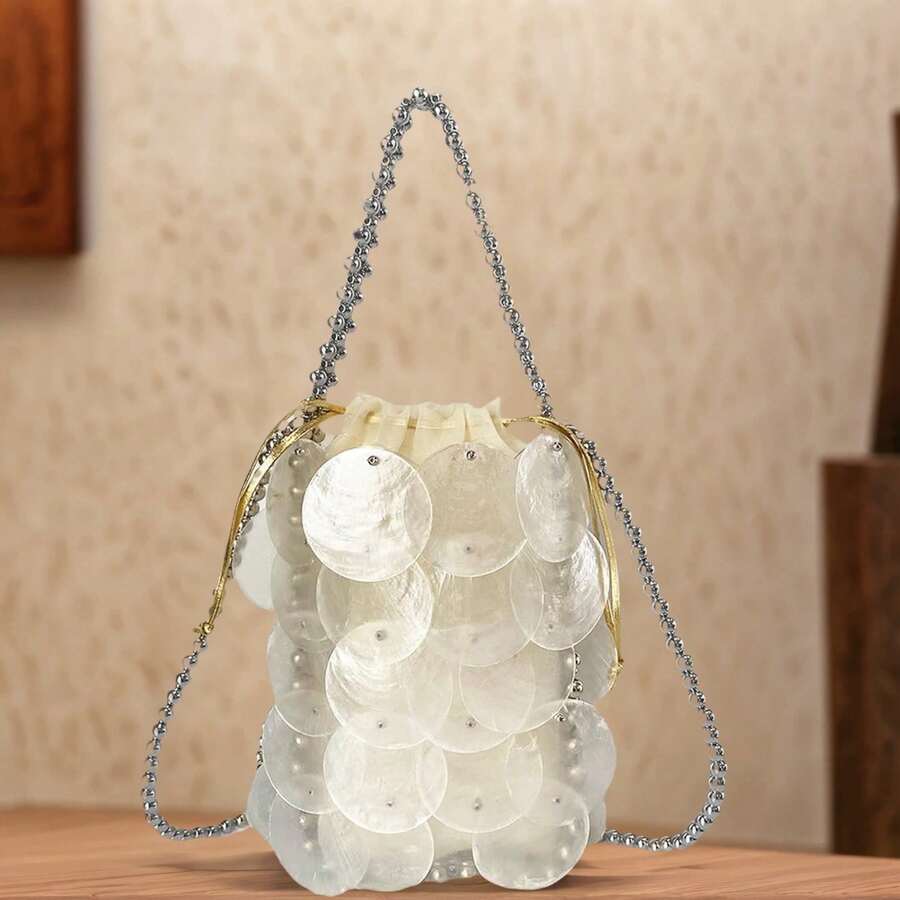 Women Fashion Shell Woven Handbag Chic Shell Beach Bag Beaded Chain Bag For Summer Travel Beach Party - Beige - View 1