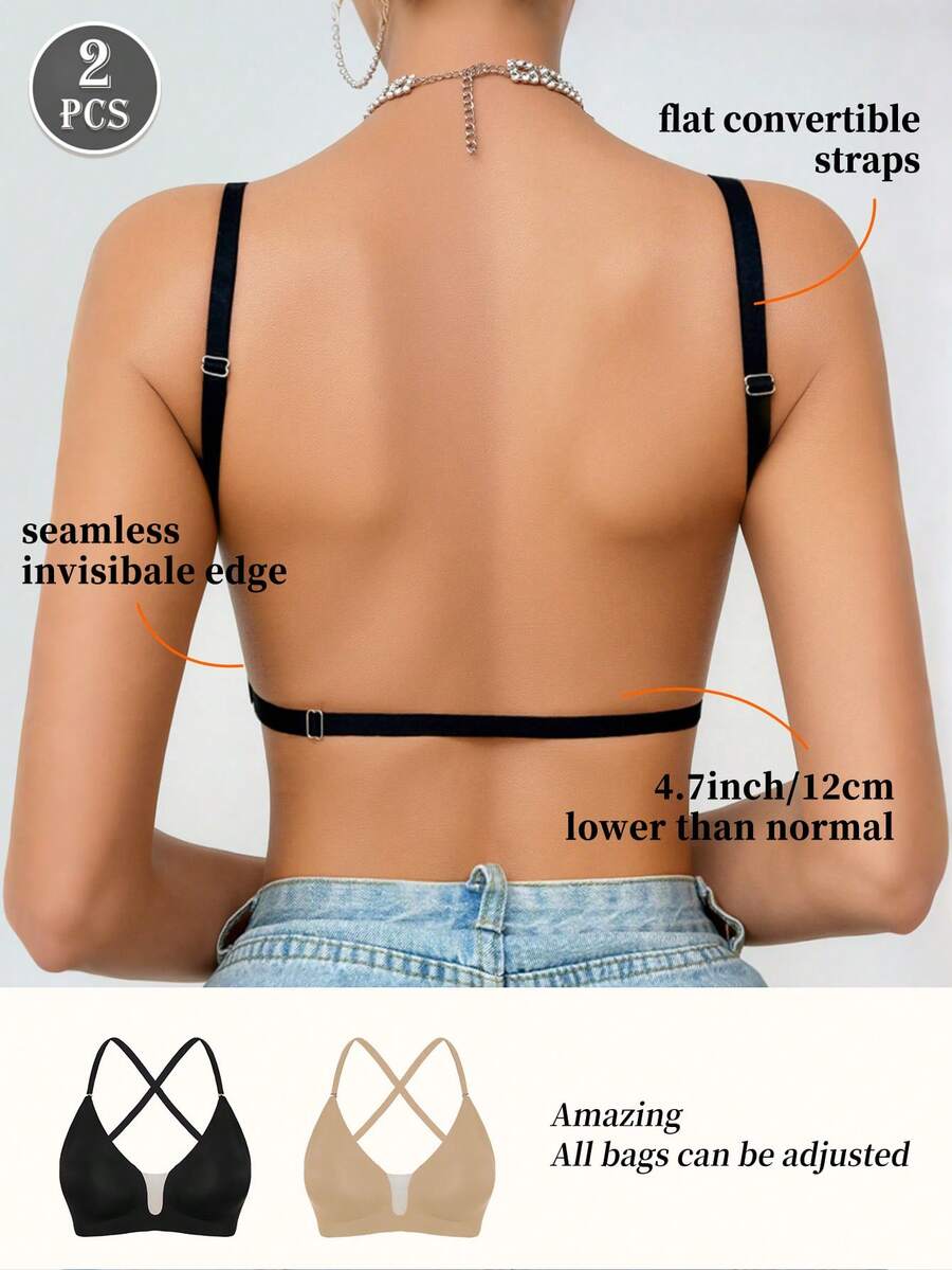 2pcs Seamless Wireless Bras For Women, Bridal Lingerie, 3 Strap Options, Lightweight Support, Comfortable & Breathable - Suitable For Weddings, Formal Occasions, Strapless, Bridal Wear, Autumn/Winter/Spring, Detachable & Adjustable Straps, Thin Double-Layer Mesh Bra, Deep V Back - Multicolor - View 1