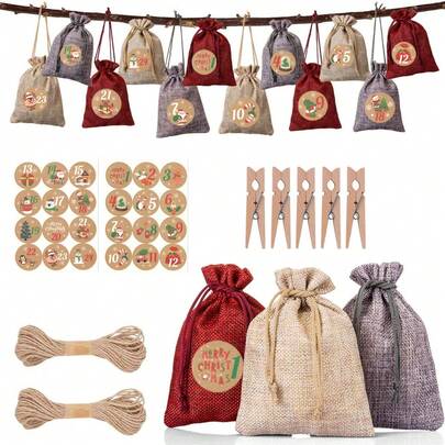 Christmas Advent Calendar Combination, 1-24 Day Paper Label, Hanging Gift Bag Drawstring Bag, Used For DIY Christmas Countdown Calendar Gift Home Decoration, Wedding Party Birthday Gift, Christmas Thanksgiving Halloween Party Vacation Part