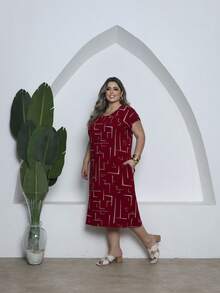 Printed Plus Size Midi Knit Dress - 紅色 - 查看 3