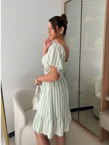 Women's Striped Short Dress With Puff Sleeves And Ruffles - Casual And Elegant Summer Fashion. Ruched Ruffle Hem - Mint Green - View 2