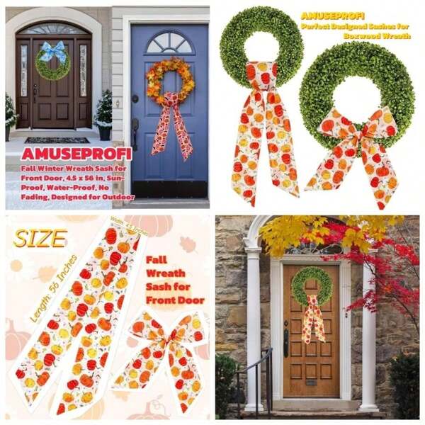 2Pcs Boxwood Wreath Sashes, Fall, Halloween, Thanksgiving Decor, Wreath Satin Sash Embroidery Monogram, Proof, No Fading, No Fear Of, Rain, Wind, Designed Outdoor