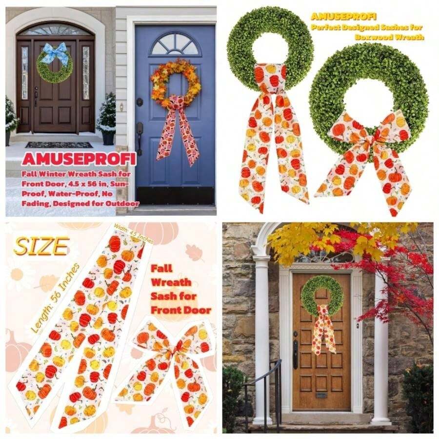 2Pcs Boxwood Wreath Sashes, Fall, Halloween, Thanksgiving Decor, Wreath Satin Sash Embroidery Monogram, Proof, No Fading, No Fear Of, Rain, Wind, Designed Outdoor - Harvest Pumpkin - View 1
