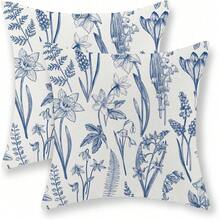 2件装海军蓝花卉图案枕套，春夏装饰抱枕套，野花叶子春季装饰枕套，户外农舍风格沙发靠垫套，单面印花，不含枕芯