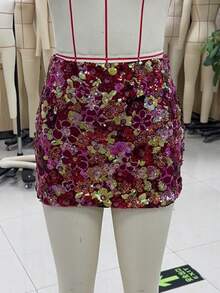 Womens Sparkle Sequins Mini Skirts Mid Rise Shiny Glitter Short Skirts Clubwear Party Bodycon Skirt Summer Streetwear - 金色 - 查看 3