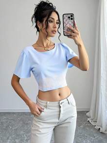 Blusa elegante de mujer de manga corta con cuello redondo y detalle de bordado en tejido elástico medio - Azul - Ver 3