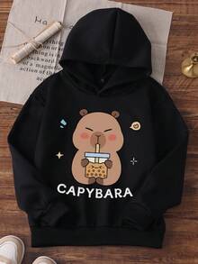 情人节休闲豚鼠喝珍珠奶茶印花卫衣，适合青少年女孩，宽松版型，保暖内衬，长袖，秋冬款 - 黑色 - 查看 2