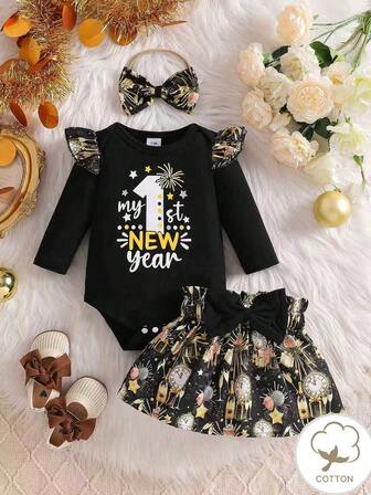Baby Girls Halloween Cartoon Ghost, Bat, Pumpkin Pattern Round Neck Cap Sleeve Bodysuit, Skirt And Headband Set, Autumn/Winter