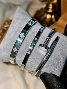 3pcs/Set Stainless Steel Golden Nail & Clover Bracelet & Clover Bracelet Set, Suitable For Women's Daily Wear, Christmas Gift, Holiday Gifting