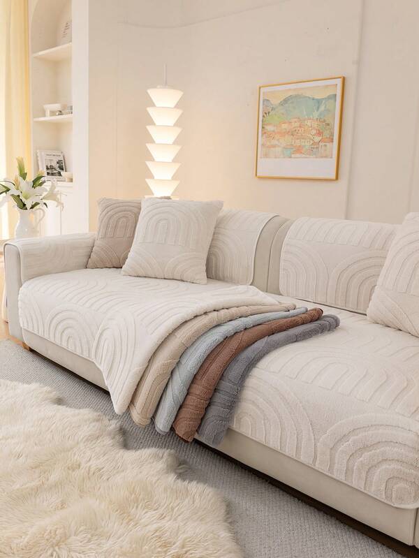 1pc Minimalist Luxurious High-End Curved Pattern Plush Sofa Cover, Home Decor Suitable For All Seasons, Machine Washable, Fits 1/2/3/4 Seater And L-Shaped Sofas In Bedroom, Office, Living Room