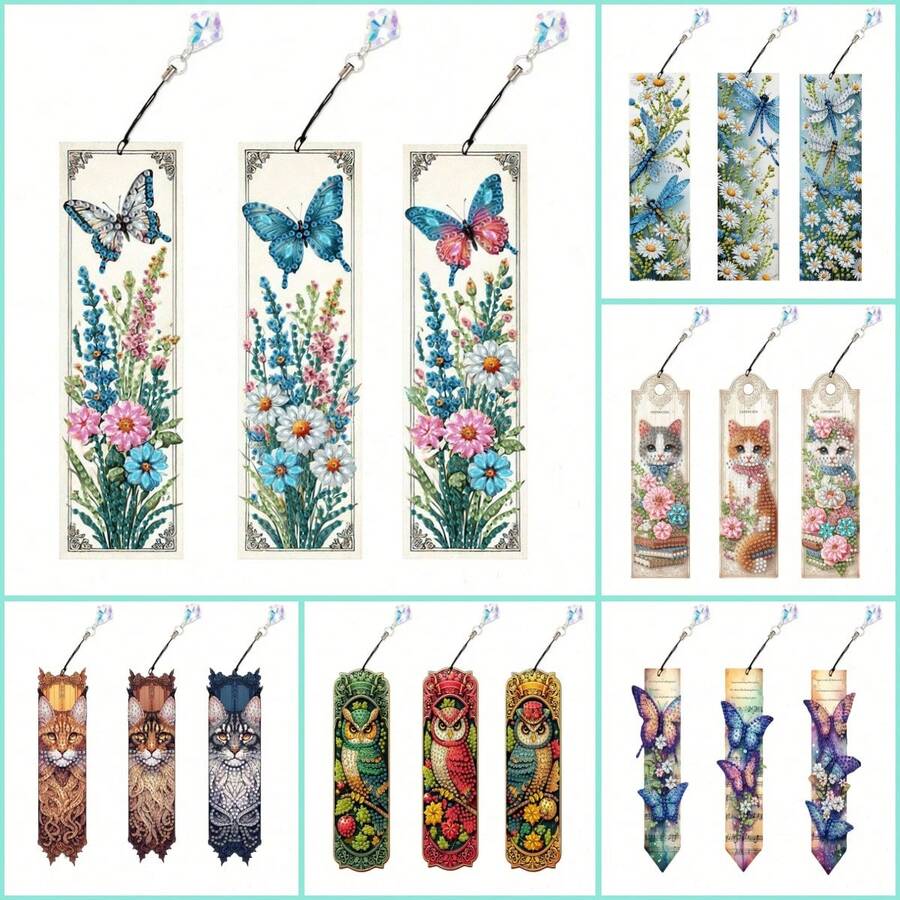 3件套钻石画书签套装 - 彩色蝴蝶、蜻蜓、猫咪、猫头鹰图案，5D异形钻石画书签带吊坠，适合DIY，可用于家庭办公用品、阅读，感恩节礼物