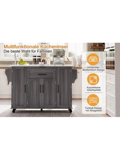 120*45cm, Mobile Kitchen Isl Trolley, Worktop Extends Up To 70cm, Hidden Cutlery Drawer, Adjustable Shelves, Spice Rack Towel Holder, Kitchen, Dining Room Or Living view 11