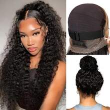 Invisi Strap 360 Deep Wave Lace Front Wigs Human Hair 250% Density Deep Curly Human Hair Wig Wet And Wavy Glueless 360 HD Lace Frontal Wig With Drawstring Pre Plucked Natural Hairline 13x6 HD Curly Human Hair Wigs For Women Natural Black Color - Natural Black - 查看 4