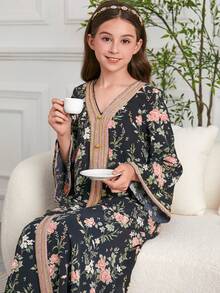 Tween Girl Middle East Dubai Style Print Loose Long Dress Robe - Multicolor - View 6