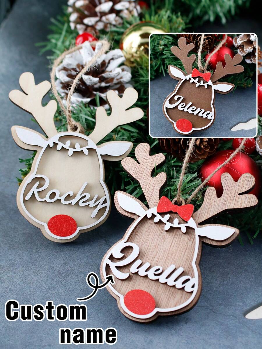 Custom Elk Bow Christmas Decorations With Name, Personalized Wooden Double-Layer Hanging Ornaments, Christmas Gifts, Customized Christmas Tree Decorations, Customizable Christmas Ornaments, Christmas Decor, Merry Christmas, Living Room Decor, Family, Mom, Dad - Style B - View 1