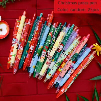 25 支/套随机圣诞卡通按钮圆珠笔、圣诞袜填充物、可爱学生文具笔、圣诞节节日礼物、办公室签名笔