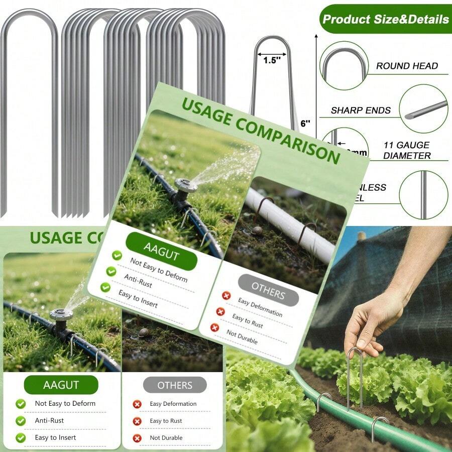 16 Pack Garden Landscape Staples 6 Inch Soaker Hose Stakes 11 Gauge Drip Line Irrigation Stakes Water Hose Hooks Galvanized Lawn U Pins Sod Nails For Chicken Wire Drip Tubing Dog Fence - 16件x6 - 查看 1