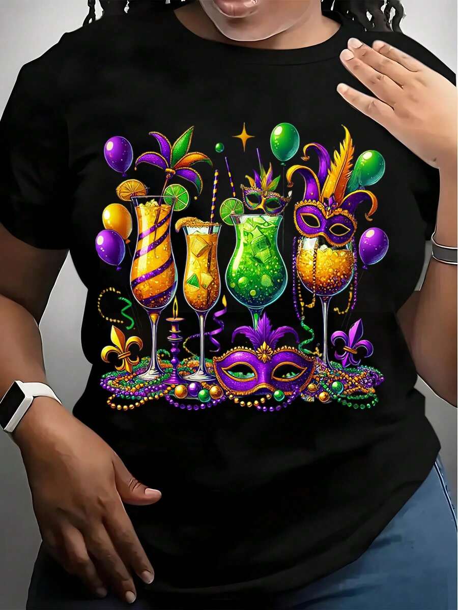 Mardi Gras Party T-Shirt With Colorful Cocktails, Masks, And Beads Design - Festive Mardi Gras Celebration Apparel For Women And Men, Perfect For Carnival, New Orleans Festivals, And Masquerade Events,220g - màu đen - Xem 1
