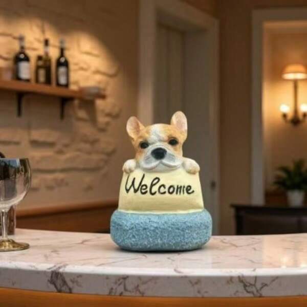 Christmas Decoration: 1 French Bulldog Welcome Figurine, Item For Holiday Parties And Social Media, Suitable For Hotel, Bar, Or Club Counter Decoration, Made Of Vintage-Style Resin With Exquisite Craftsmanship.