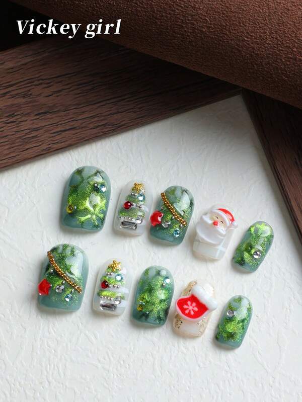 أظافر قصيرة خضراء للعطلات، مناكير عيد الميلاد