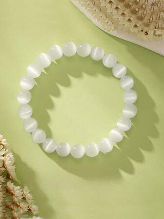 1 pieza Pulsera con piedra de ojo de gato blanca, pulsera elástica con cuentas de cristal para hombres y mujeres, joyería de moda, pulsera de pareja, regalo de joyería