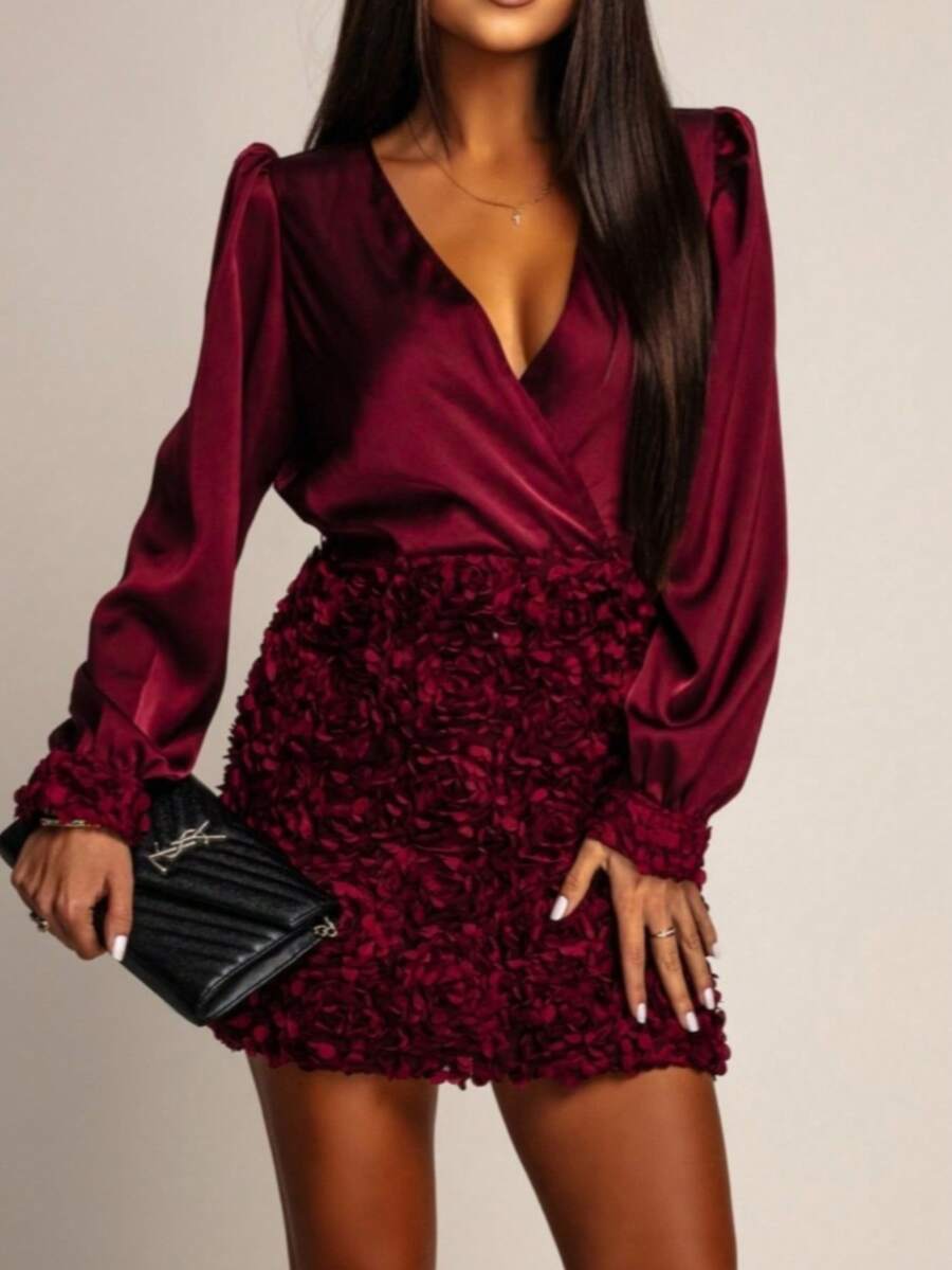 Elegant Floral Print Patchwork Sequin Embellished Crossover Party Dress