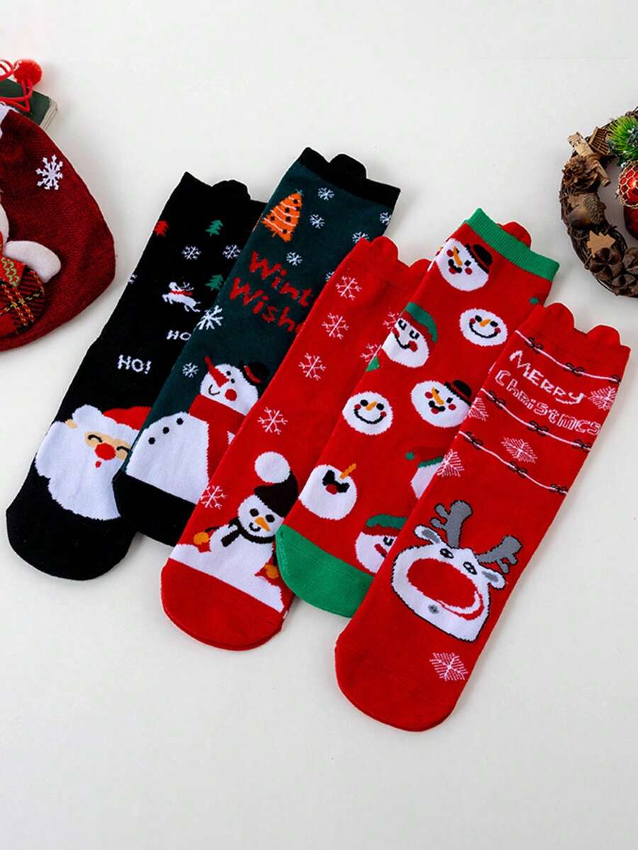 5 Pairs Random Women's Christmas Themed Mid-Calf Socks, Autumn/Winter