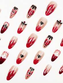 24pcs Red French Almond Nail Press, With Heart And Flame Patterns, Personalized And Fashionable, Suitable For Girls And Women's Daily, Dating, Parties, Festivals, Valentine's Day Nail Accessories