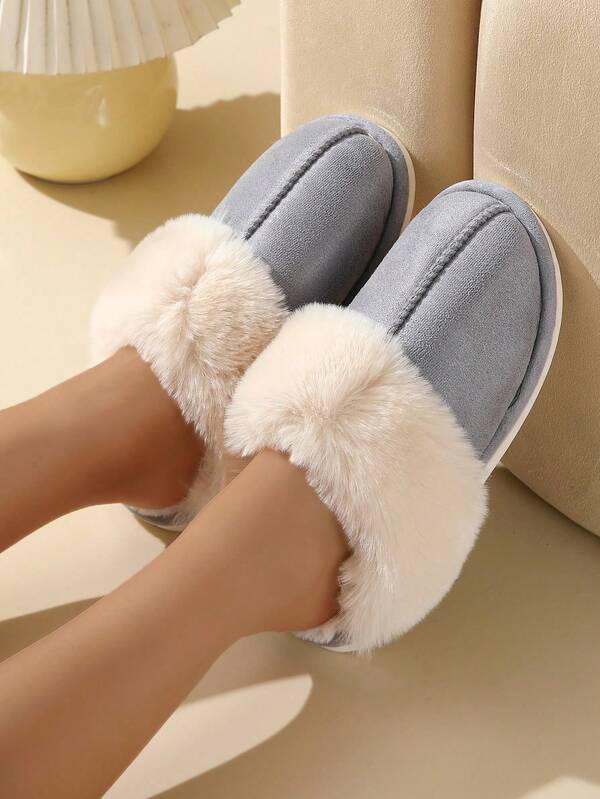 Pantufas de inverno femininas e masculinas, chinelos quentes e confortáveis para casa, pelúcia, mules, pele, sapatos antiderrapantes para ambientes internos (cinza)