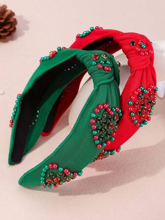 2/1 件红绿珍珠头带，心形宝石发带，圣诞结发髻头饰，适合派对、圣诞服装