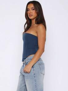 Women Bustier Corset Top Y2k Strapless Tie Back Boned Overbust Tube Crop Tops Going Out Club Shapewear - 藍色 - 查看 5