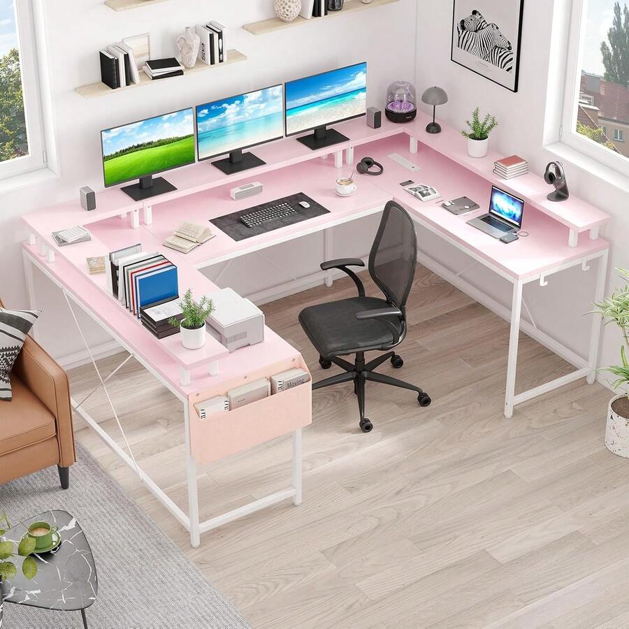 Escritorio para juegos Jojoka en forma de U, reversible en forma de L con tomas de corriente, tira LED y soporte para monitor, escritorio esquinero grande con estantes para oficina en casa. Pink - Rosa - Ver 1