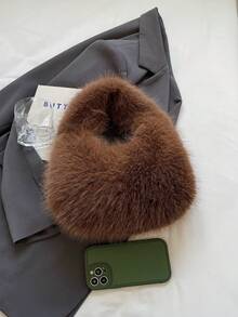 1pc Fashionable Plush Shoulder Bag, Flat Brim Handbag, Cute Women's Winter Handbag/Wallet - Coffee - View 6