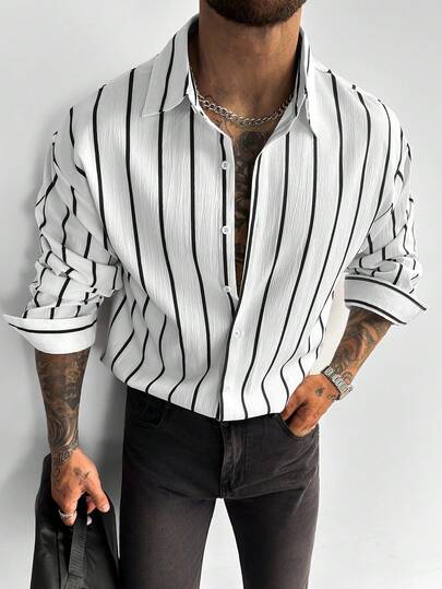 男士经典黑白条纹长袖衬衫，亚麻质感纽扣衬衫，适合休闲、办公、通勤等各种场合，四季皆宜，展现复古绅士风范，圣诞节和新年男士礼物之选