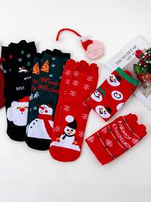 5 Pairs Random Women's Christmas Themed Mid-Calf Socks, Autumn/Winter