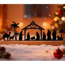 Juegos de Nacimiento para decoración navideña interior, Escena del Nacimiento de metal negro con base de madera y figuras, Decoraciones del Juego de Nacimiento para Navidad, Hogar, Mesa y Estantería