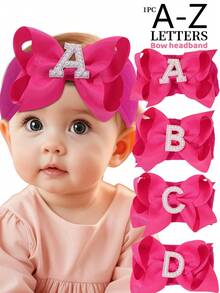 1 Pc A-Z Letters Elegant Plain Large Bow Ribbon Headband For Girl Baby Sweet Pearl Bow Hairbands Soft Satin Hair Bows Fashion Hair Accessories - Hot Pink - View 1