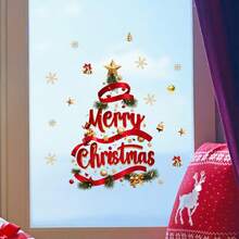 1 pieza Decoración de ventana navideña - Pegatina de ventana autoadhesiva con texto "Feliz Navidad", árbol verde, acentos rojos y dorados - Película de PVC removible sin residuos para puertas de vidrio, ventanas, espejos - Decoración del hogar para fiestas navideñas