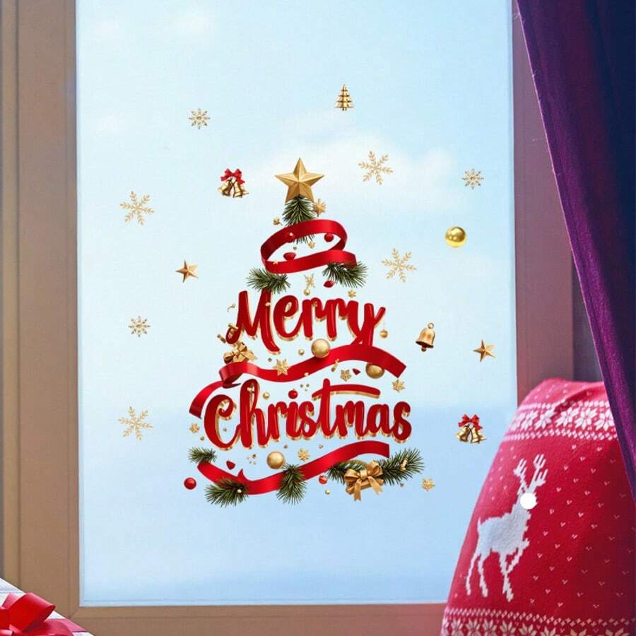 1 pieza Decoración de ventana navideña - Pegatina de ventana autoadhesiva con texto "Feliz Navidad", árbol verde, acentos rojos y dorados - Película de PVC removible sin residuos para puertas de vidrio, ventanas, espejos - Decoración del hogar para fiestas navideñas