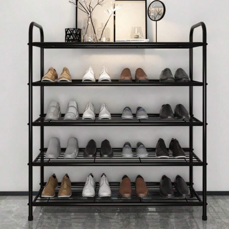 1 szt. Prosty stojak na buty stojący na podłodze, służy jako organizer warstwowy i oszczędza miejsce w szafie, łatwy w montażu, składana konstrukcja, odpowiedni do sypialni, łazienek, salonów i wielu pomieszczeń - Matowa czarna, pięciowarstwowa siatka stalowa - Zobacz 1
