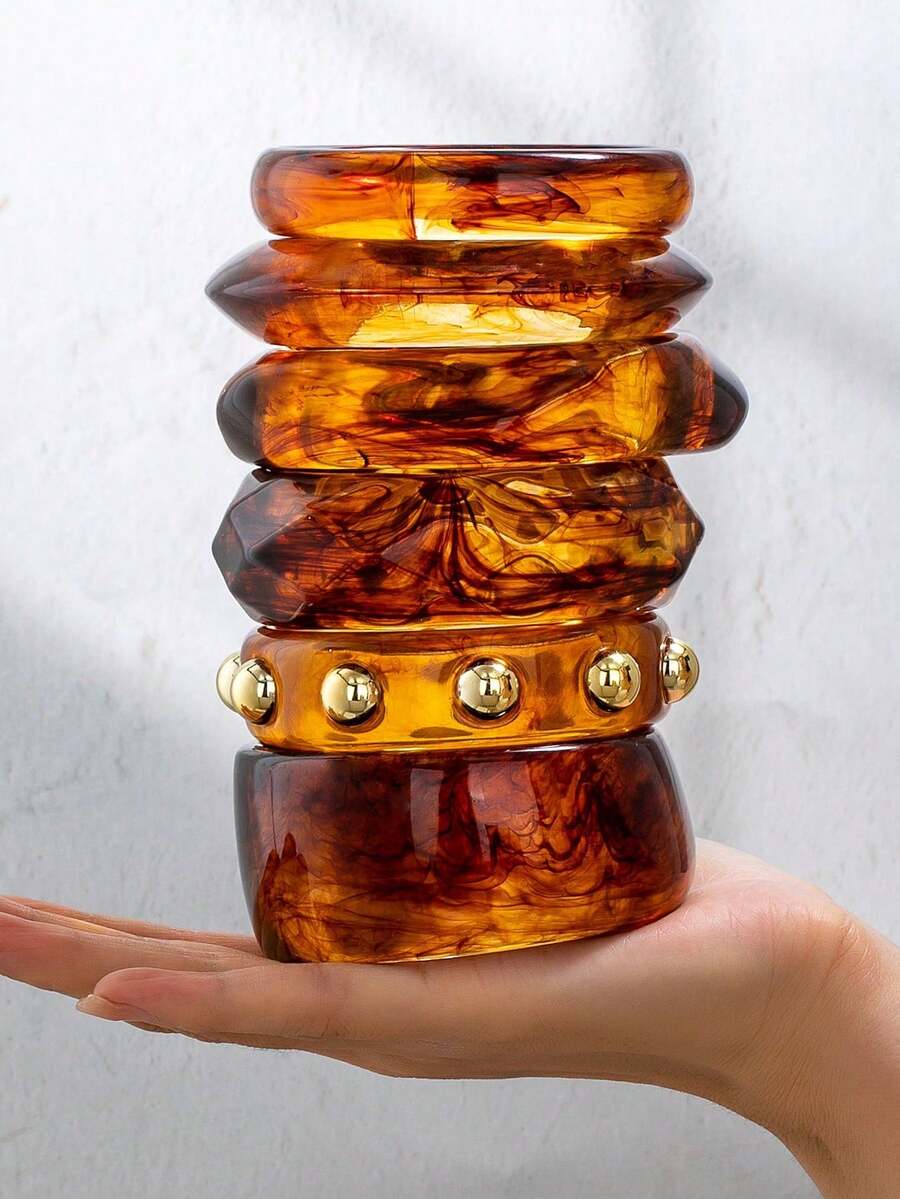 1 Pc America European Resin Cuff Bangle , Women Fashionable Fall Season Tortoise Color Acrylic Bracelets Set , Stacked Arm Bands , Minimalist Design Jewelry Suitable For Daily Wear