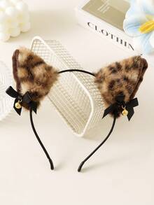 1pc Women's Headband With Cute Leopard Print, Cat Ears, Rabbit Ears, Black Lace Bow, Sexy Bunny Plush Costume Headpiece, Beauty, Hair Accessories - Black - View 12